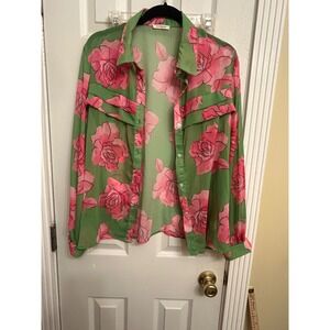 SundayUp Green Pink Rose Floral Sheer Chiffon Button Down Blouse Lg Long Sleeve